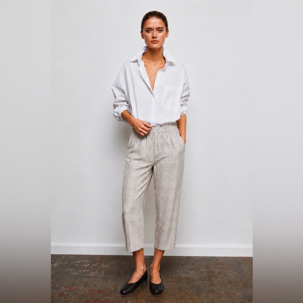 ZARA - Cotton Linen Plaid Capri Pants | Elastic Waist | Cream Beige
